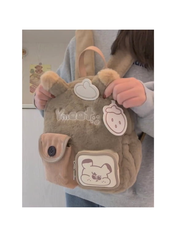 Cute Backpack Y2K Daypacks - White Fluffy Kawaii Grunge Girly Plush Backpack Emo Shoulder Bag for Daily Use