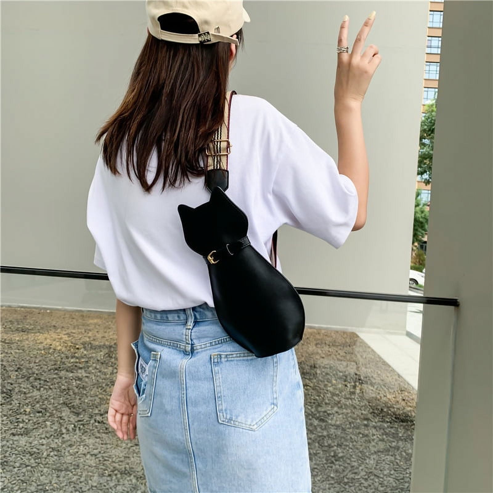 Baguery Cute Cat Shaped Crossbody Bag - Creative Wide Strap Chest Bag, Cartoon Novelty Purse for Sports & Travel