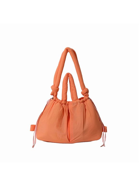 Fall Winter Puffer Tote Bag for Women - Lightweight Cotton-Stuffed Puffer Handbag Backpack with Drawstring