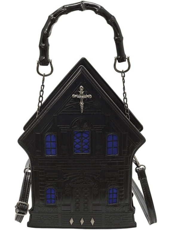 Gothic Horror Haunted House Crossbody Bag - Spooky Blood-Red Glow PU Leather Handbag, Halloween Cosplay Accessory for Women