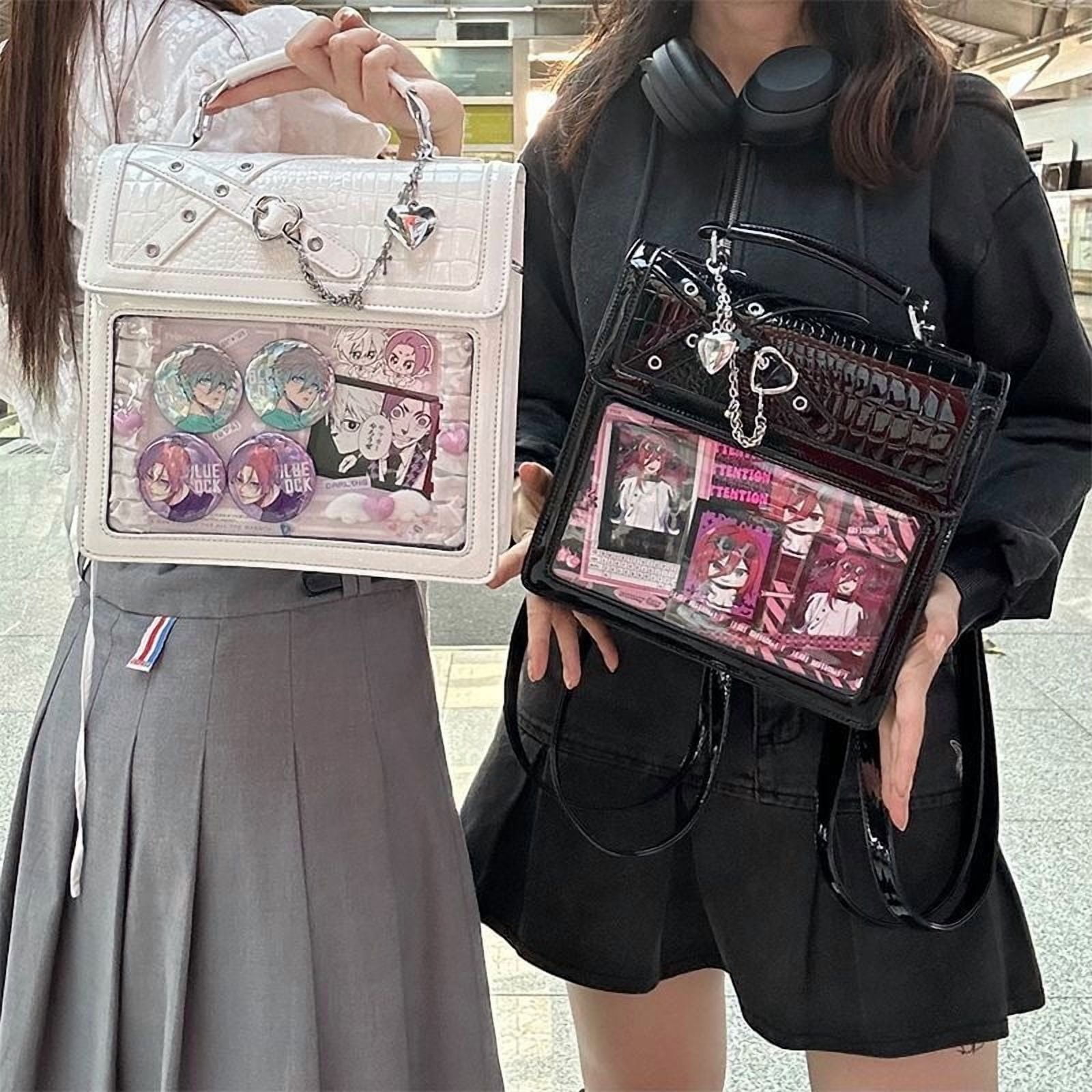 Baguery Gothic Kawaii Ita Crossbody Bag - PU Leather Mini Bag with Heart Pendant & Chain Accents for Women
