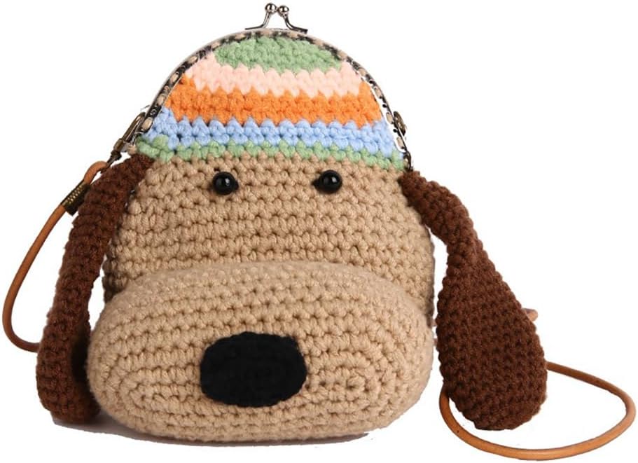 Baguery Handmade Crochet Dog Crossbody Bag - Cute Cartoon Knitted Purse with Metal Frame, Mini Animal Shoulder Bag for Women​