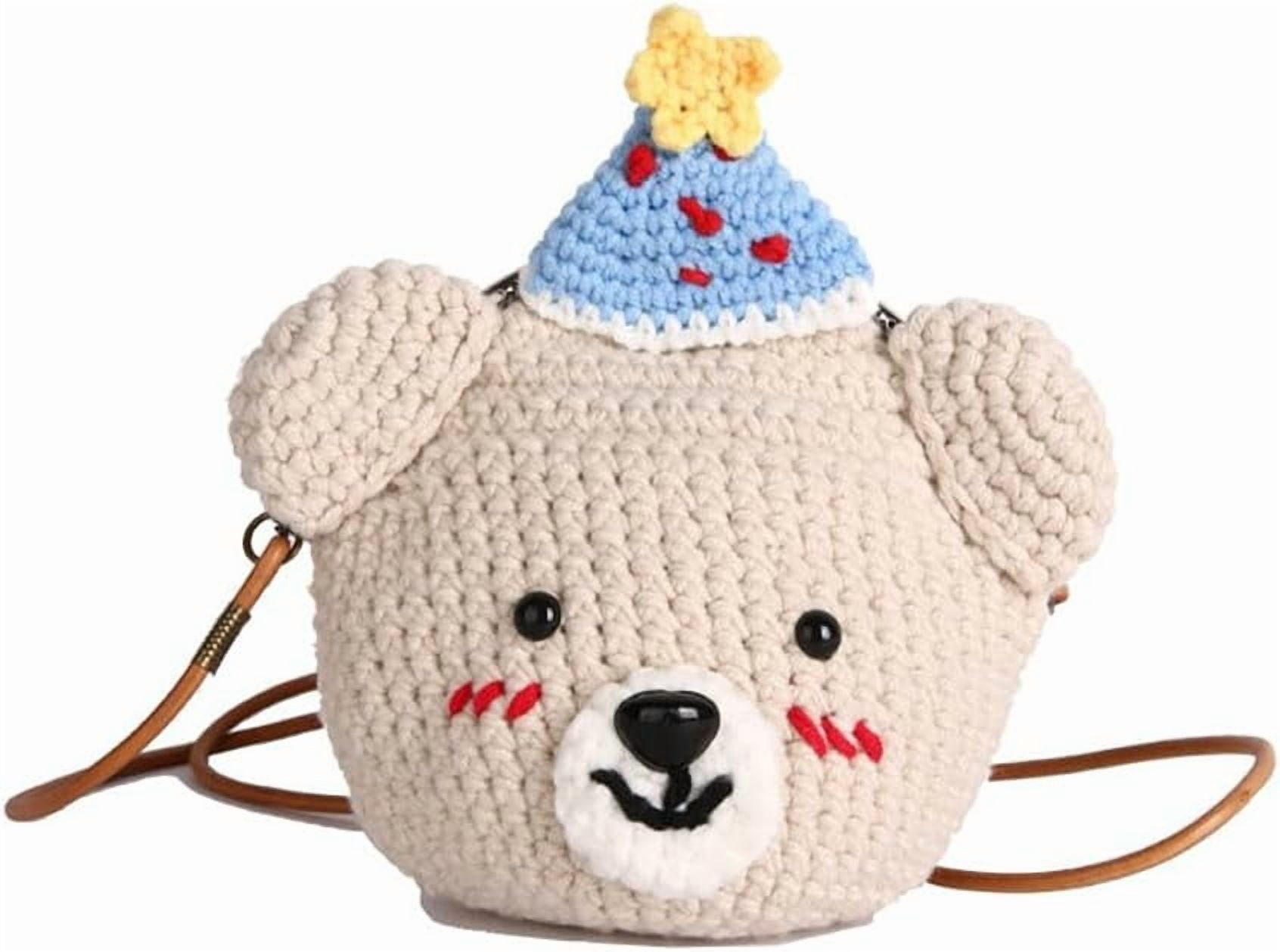 Baguery Handmade Crochet Party Hat Bear Crossbody Bag - Cute Knitted Animal Purse with Metal Frame, Mini Shoulder Bag for Women