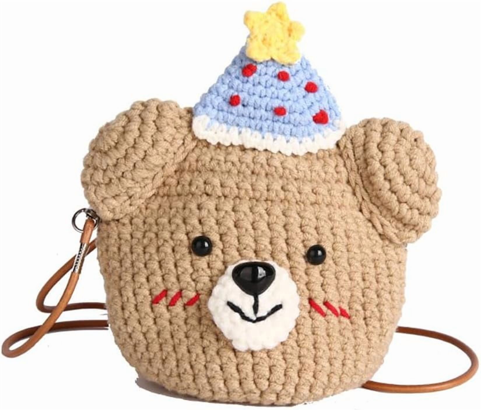 Baguery Handmade Crochet Party Hat Bear Crossbody Bag - Cute Knitted Animal Purse with Metal Frame, Mini Shoulder Bag for Women