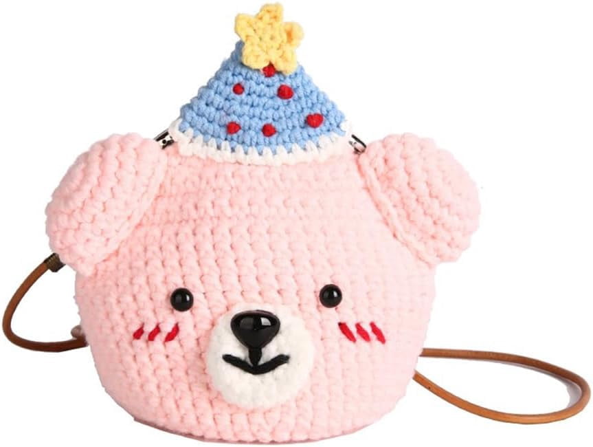 Baguery Handmade Crochet Party Hat Bear Crossbody Bag - Cute Knitted Animal Purse with Metal Frame, Mini Shoulder Bag for Women