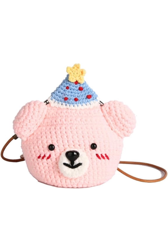 Handmade Crochet Party Hat Bear Crossbody Bag - Cute Knitted Animal Purse with Metal Frame, Mini Shoulder Bag for Women