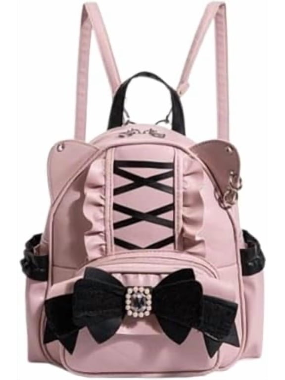 Baguery Kawaii Cat Ear Lolita Drawstring Backpack - Y2K Japanese Ins Style, Gothic Butterfly Bag with Corset Lacing (Black/Grey/Pink)