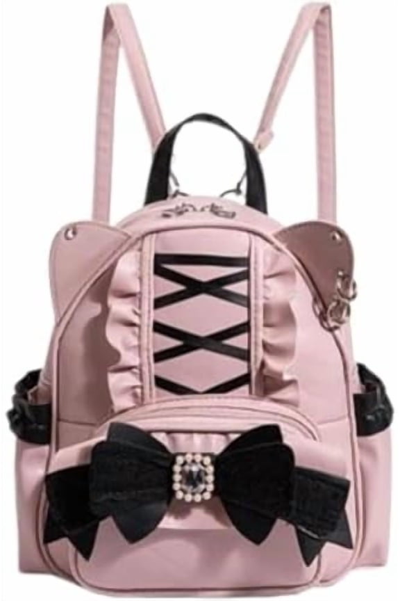 Baguery Kawaii Cat Ear Lolita Drawstring Backpack - Y2K Japanese Ins Style, Gothic Butterfly Bag with Corset Lacing (Black/Grey/Pink)
