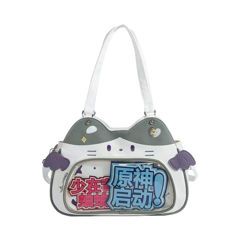 Baguery Kawaii Ita Bag Backpack - Nylon, Cute Cat Insert, Clear Front Pocket, Shoulder/Crossbody, for Otaku Goods/Anime Comic Con