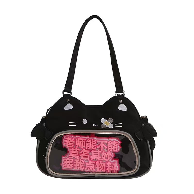 Baguery Kawaii Ita Bag Backpack - Nylon, Cute Cat Insert, Clear Front Pocket, Shoulder/Crossbody, for Otaku Goods/Anime Comic Con