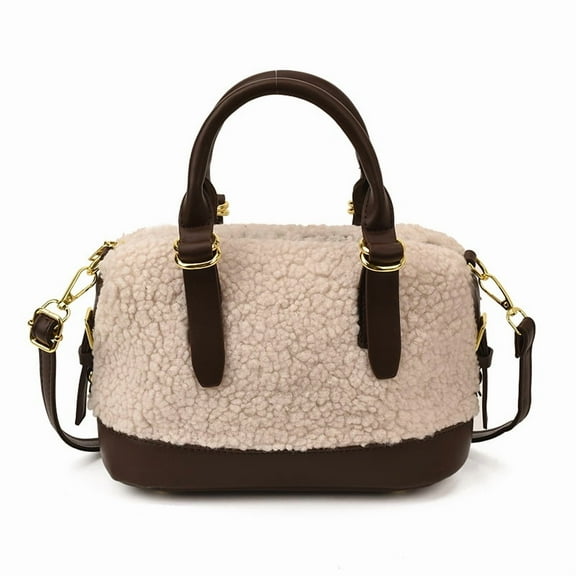 Baguery Mini Furry Purse Barrel Bags for Women - Winter Y2k Fluffy Lamb Wool Shoulder Satchel Fuzzy Hobo Handbag with Leather Accents​