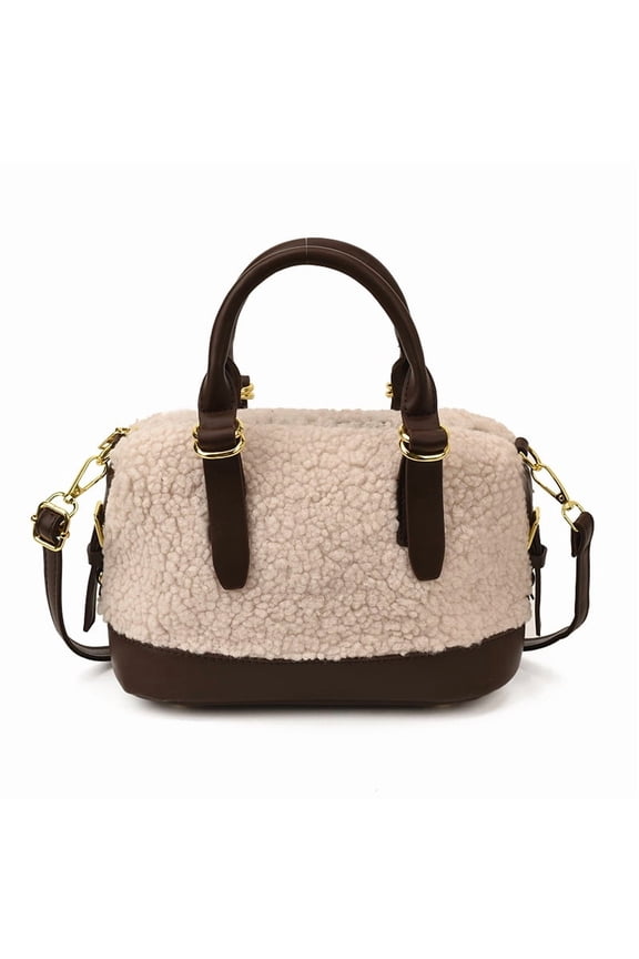 Mini Furry Purse Barrel Bags for Women - Winter Y2k Fluffy Lamb Wool Shoulder Satchel Fuzzy Hobo Handbag with Leather Accents​