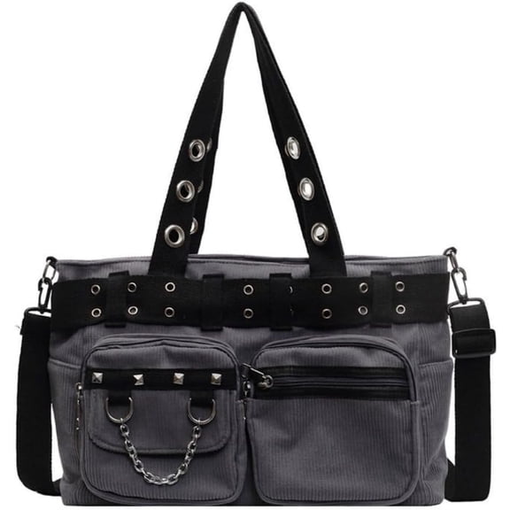Baguery Punk Gothic Corduroy Tote Bag - Multi-Pocket Utility Handbag with Rivet/Chain Decor, Large Capacity Crossbody Shoulder Bag​