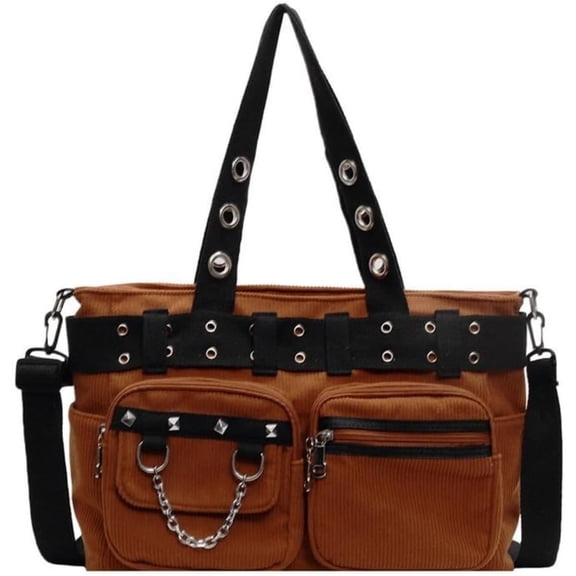 Baguery Punk Gothic Corduroy Tote Bag - Multi-Pocket Utility Handbag with Rivet/Chain Decor, Large Capacity Crossbody Shoulder Bag​