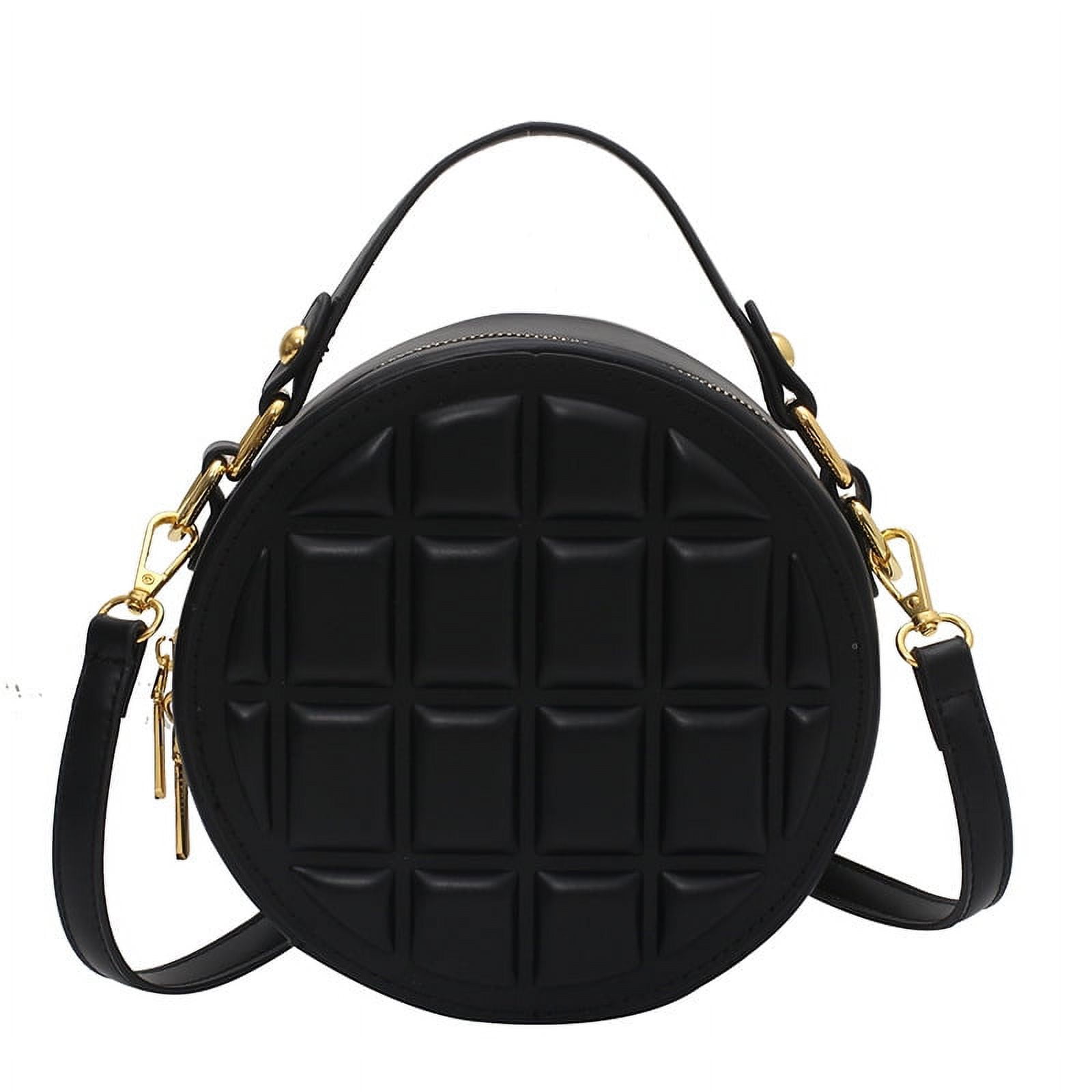 Baguery Quilted Round Crossbody Bag for Women - Faux Leather Compact Shoulder Purse (7.48×2.95×7.48in)