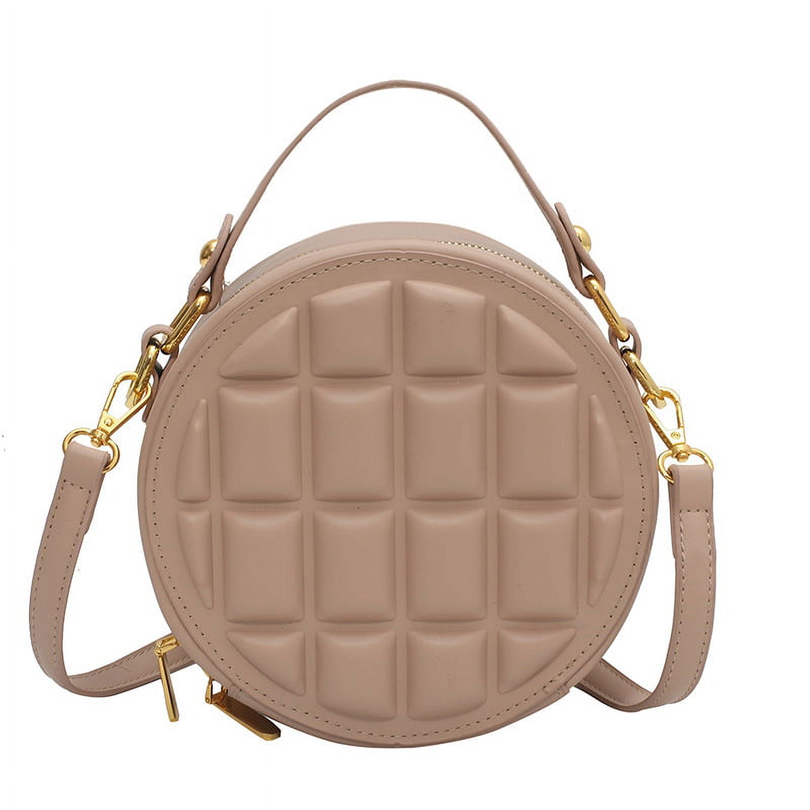 Baguery Quilted Round Crossbody Bag for Women - Faux Leather Compact Shoulder Purse (7.48×2.95×7.48in)