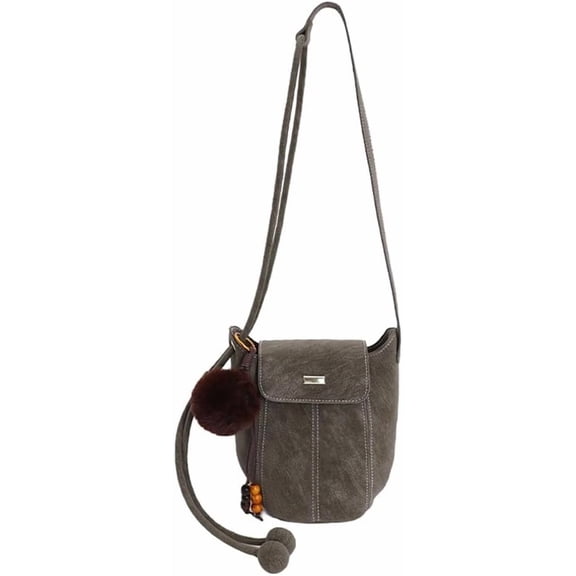 Baguery Retro Bucket Shaped Mini Crossbody Bag - Faux Leather Shoulder Purse with Pom Pom & Bead Tassel, Small Cute Handbag (4 Colors)​