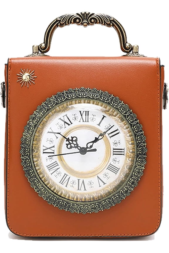 Retro European Style Clock Shaped Crossbody Bag - Faux Leather Embroidered Square Handbag with Working Clock