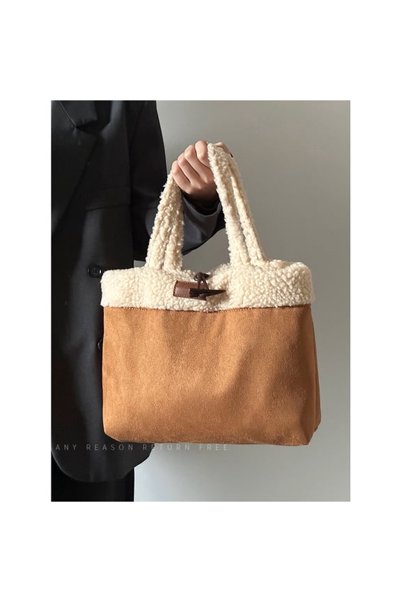 Reversible Women Soft Suede Lamb Wool Shoulder Bag - Top Handle Large Capacity Tote Handbag (13.78×9.45×5.12in)