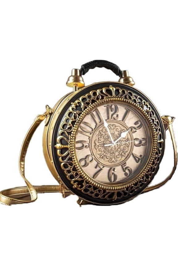 Steampunk Vintage Working Clock Handbag - PU Leather Retro Shoulder Bag with Top Handle (12514.5IN)