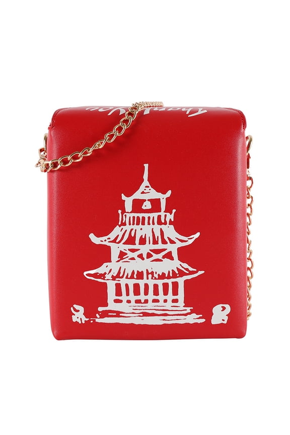 Tower Print Crossbody Bag - PU Chinese Takeout Box Tote Purse for Women (5.91×5.31×7.09in)​