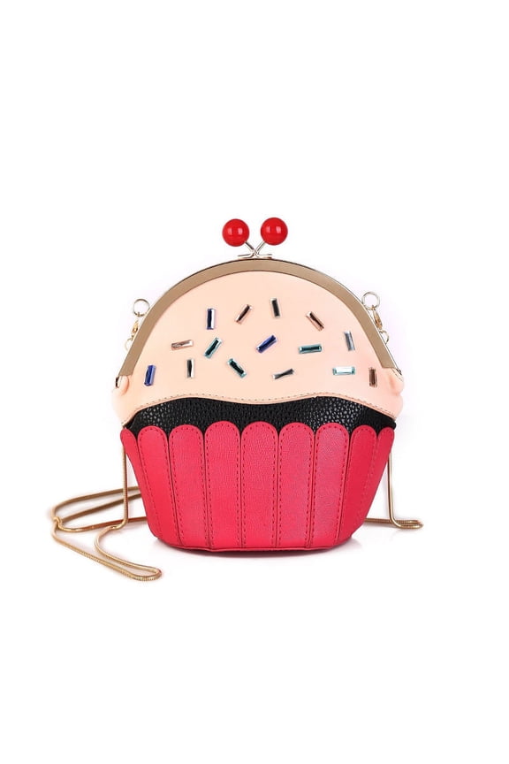 Unique 3D Cupcake Crossbody Bag - PU Cartoon Purse with Removable Gold Chain (5.11×7.87×4.33in)
