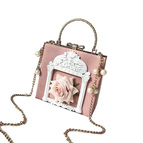 Baguery Women Love Angel Floral Evening Bag - Rose Embossed Formal PU Leather Clutch Black Gold Crossbody with Pearl Chain Shoulder Bag​