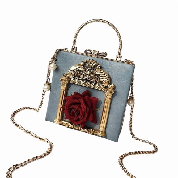 Baguery Women Love Angel Floral Evening Bag - Rose Embossed Formal PU Leather Clutch Black Gold Crossbody with Pearl Chain Shoulder Bag​