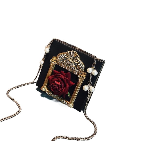 Baguery Women Love Angel Floral Evening Bag - Rose Embossed Formal PU Leather Clutch Black Gold Crossbody with Pearl Chain Shoulder Bag​