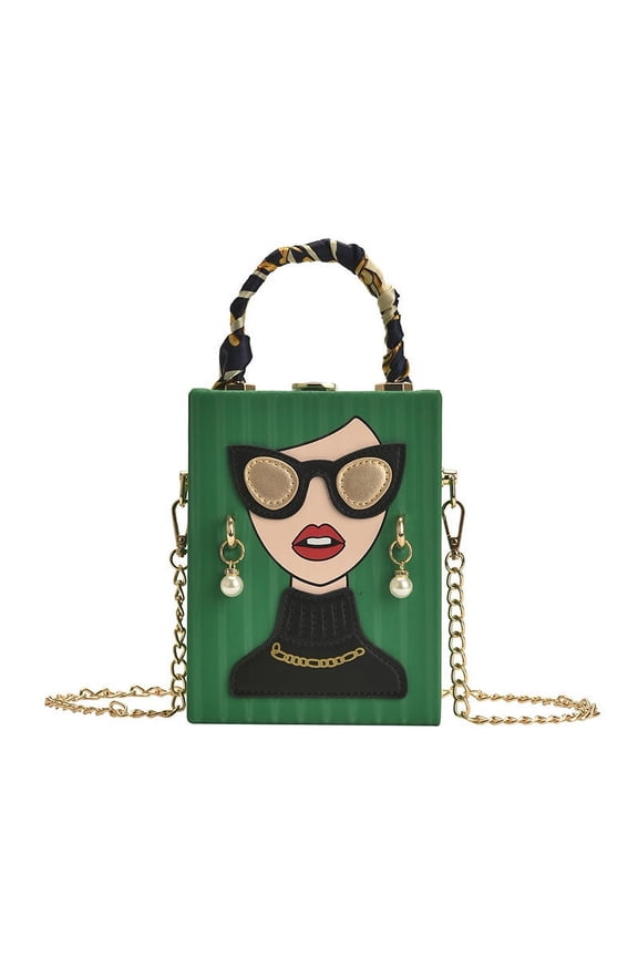 Women's 3D Lady Face PU Leather Handbag - Quilted Top Handle Satchel, Convertible Crossbody Shoulder Bag (6.3×1.2×9.1in)