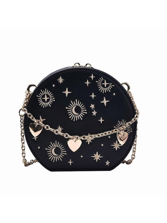 Women's Celestial Round Crossbody Bag - Sun Moon Star PU Leather Chain Shoulder Purse