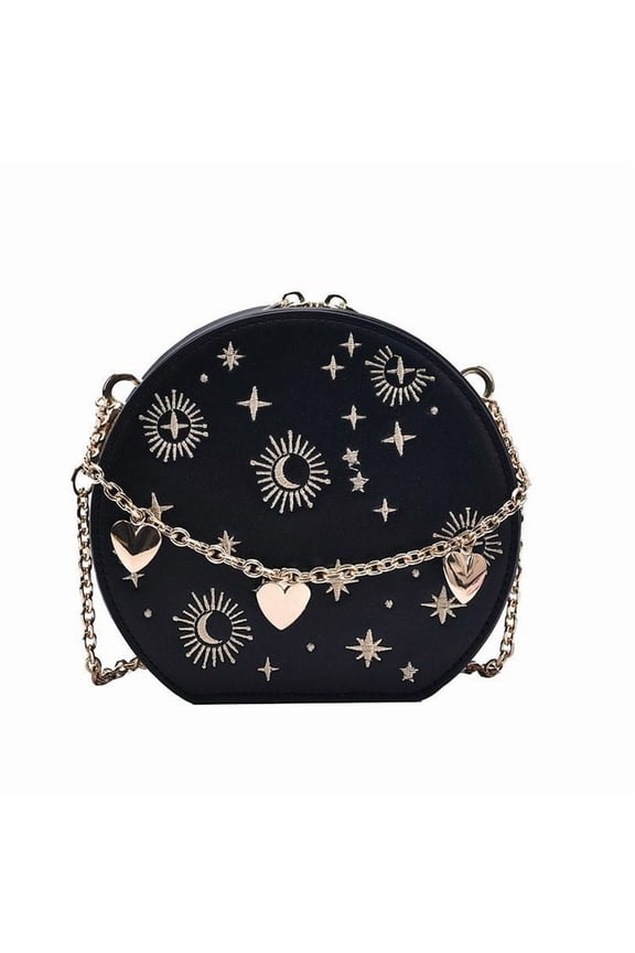 Women's Celestial Round Crossbody Bag - Sun Moon Star PU Leather Chain Shoulder Purse