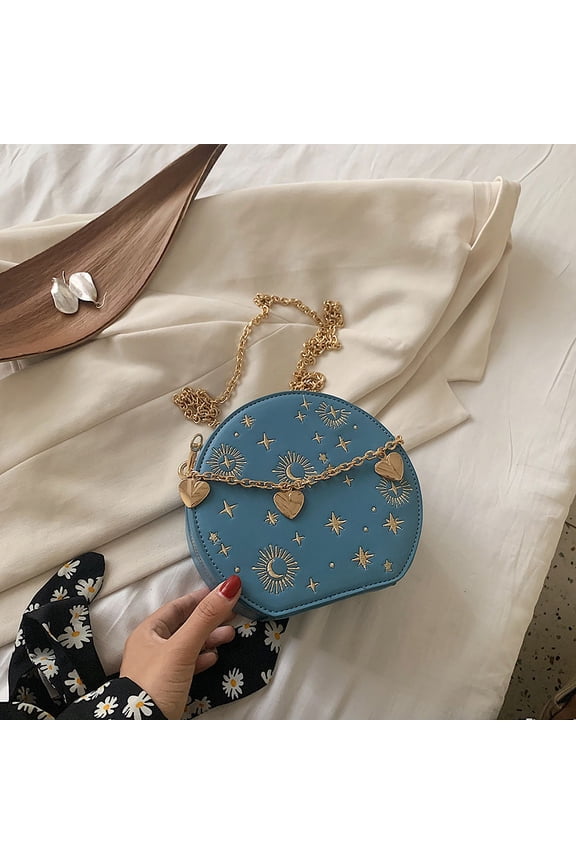 Women's Celestial Round Crossbody Bag - Sun Moon Star PU Leather Chain Shoulder Purse