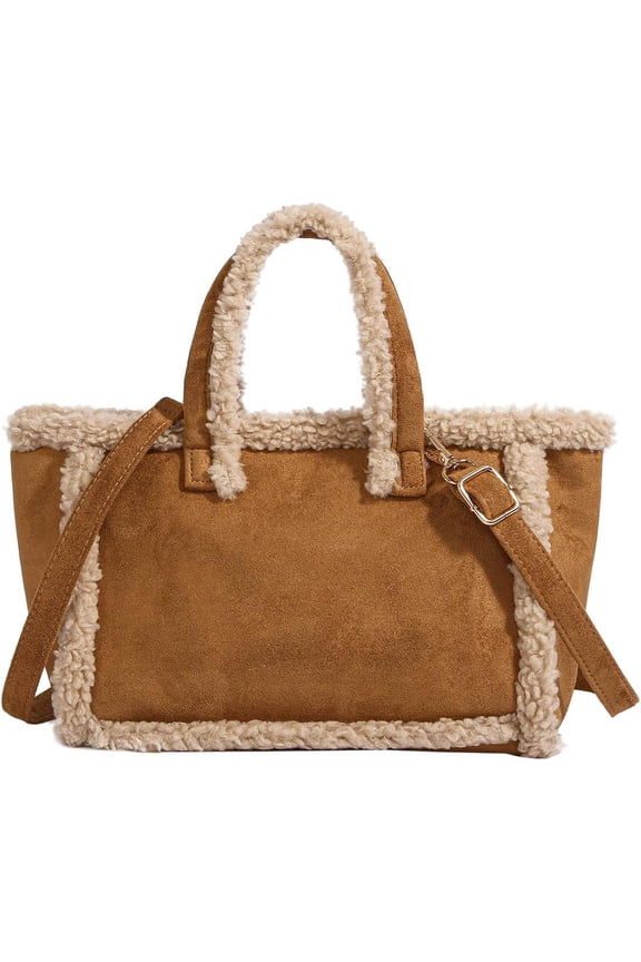 Women's Faux Fur Shoulder Bag - Vintage Chic Plush Tote, Large Capacity Crossbody Purse with Button Closure (Brown)