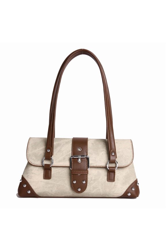 Women's Rivet PU Leather Shoulder Bag - Vintage Underarm Purse with Flap Buckle Closure & Top Handle (11.8×5.9in)