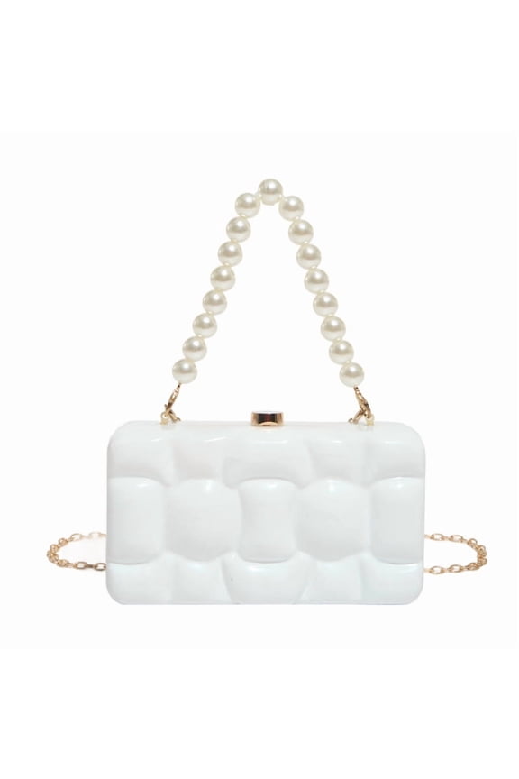 Women's Sparkly Acrylic Evening Clutch - Pearl/Metal Bead Handle Shoulder Bag with Detachable Chain for Wedding