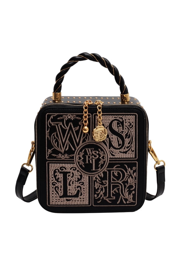 Women's Square PU Leather Crossbody Bag - Small Embroidered Shoulder Purse for Daily/Travel/Shopping (7×3.5×7in)