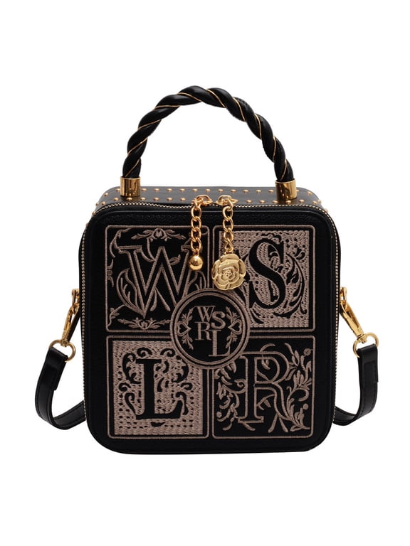 Women's Square PU Leather Crossbody Bag - Small Embroidered Shoulder Purse for Daily/Travel/Shopping (7×3.5×7in)