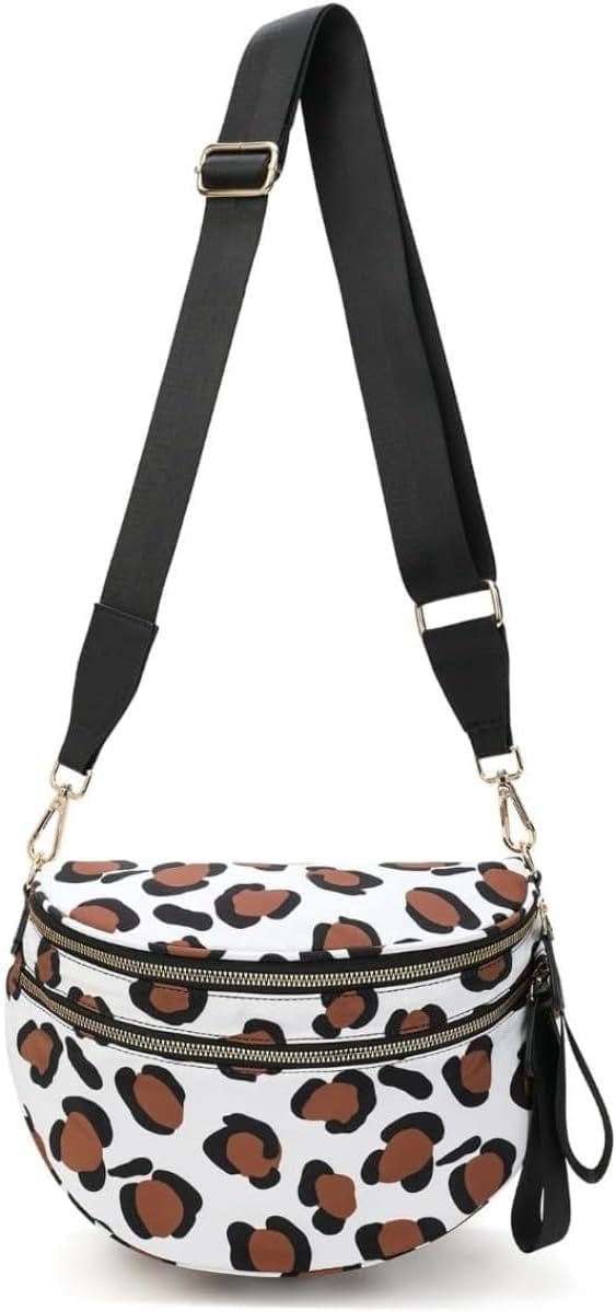 Baguery Women's Trendy Nylon Crossbody Bum Bag - Plus Size Fanny Pack Sling Belt Bag (Beige White Grid/Kelly Green), 3-Zipper Compartments​