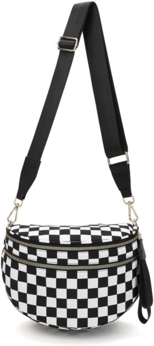 Baguery Women's Trendy Nylon Crossbody Bum Bag - Plus Size Fanny Pack Sling Belt Bag (Beige White Grid/Kelly Green), 3-Zipper Compartments​