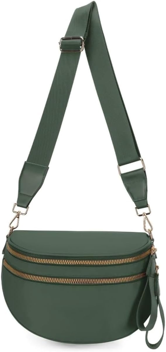 Baguery Women's Trendy Nylon Crossbody Bum Bag - Plus Size Fanny Pack Sling Belt Bag (Beige White Grid/Kelly Green), 3-Zipper Compartments​