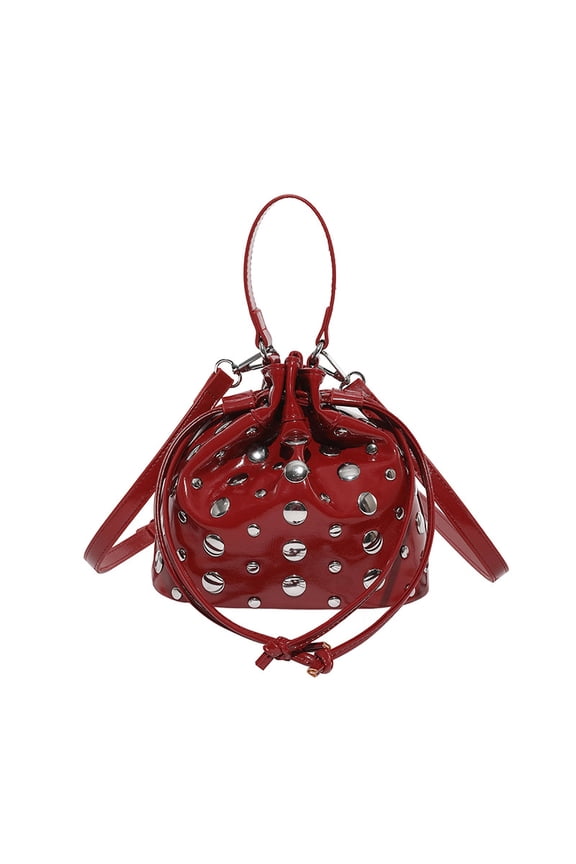 Women's Y2K Studded Patent Leather Bucket Bag - Metal Studs Drawstring Purse, Edgy Fashion Evening/Daily Bag