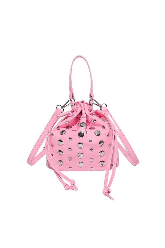 Women's Y2K Studded Patent Leather Bucket Bag - Metal Studs Drawstring Purse, Edgy Fashion Evening/Daily Bag​