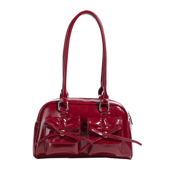 Baguery Y2k Ita Bag - Cute Bow Faux Leather Shoulder Tote, Japanese Aesthetic Red Handbag (11.81×3.94×6.69in)