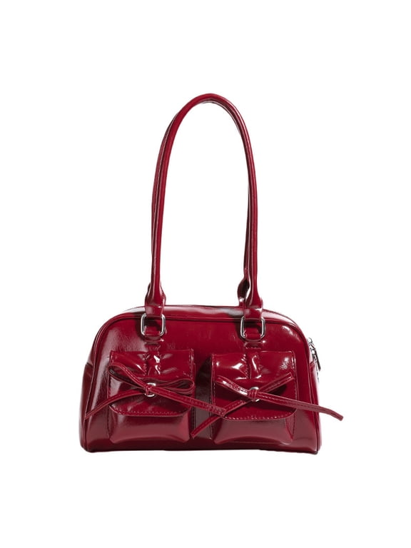 Y2k Ita Bag - Cute Bow Faux Leather Shoulder Tote, Japanese Aesthetic Red Handbag (11.81×3.94×6.69in)