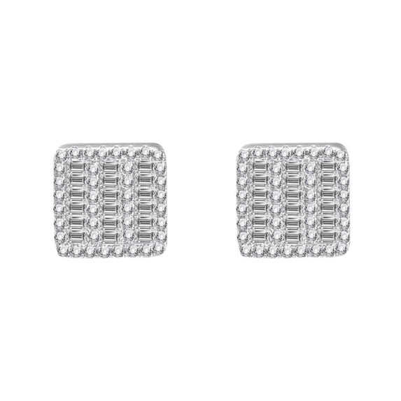 Baguette 3 Row Box CZ Iced Out Earrings .925 Silver