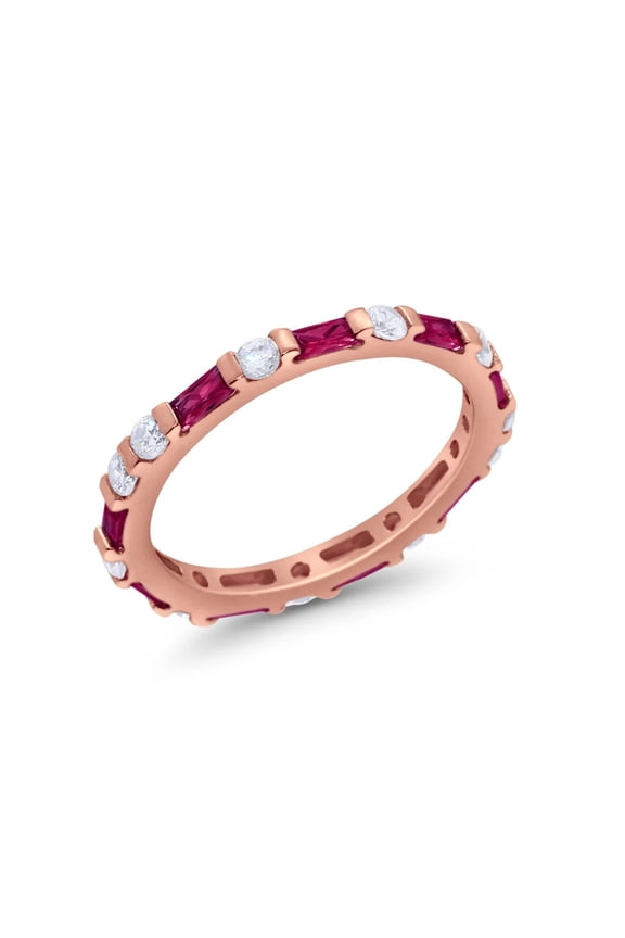 Baguette AND Round Cut Lab-Created ruby and Moissanite bar set full Eternity Wedding BAND Ring in 925 Sterling Silver for Her