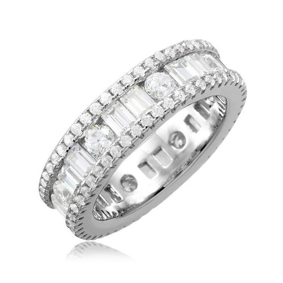 Baguette And Round Clear Cubic Zirconia Eternity Band Ring Rhodium Plated Sterling Silver Size 5