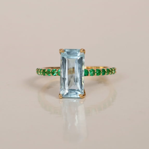 Baguette Aquamarine & Emerald Ring, Minimalist Ring, 925 Sterling Silver Ring, Engagement Ring, Proposal Ring, Handmade Jewelry