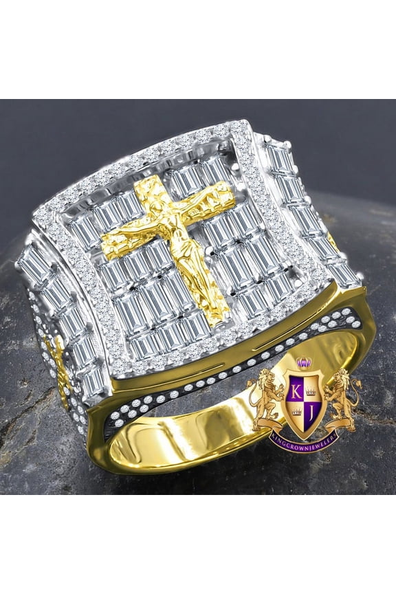 Baguette Big Bold Men's Real Genuine Sterling Silver 14K Yellow Gold Over Simulated Diamond Jesus Crucifix Cross Religious Ring Band Size 9; 10 and 11 PLEASE MENTION SIZE